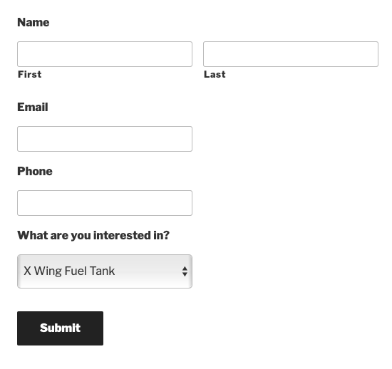A WordPress form displaying product information